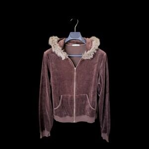 90's Allen Allen Vintage Y2K Velour Zip Up Hoodie XL Fur Outline Hood Babydoll